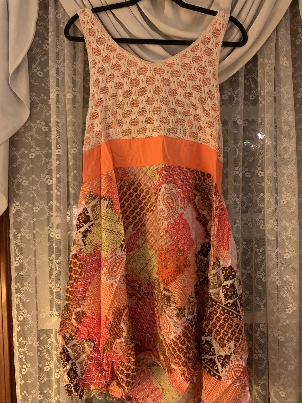 Coline Sleeveless Orange Patchwork Lace-Top Dress